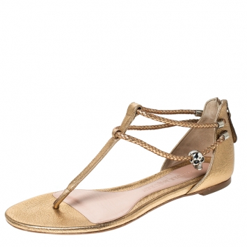 Pre Owned Alexander McQueen Metallic Gold Leather Skull Thong Flat Sandals Size 38