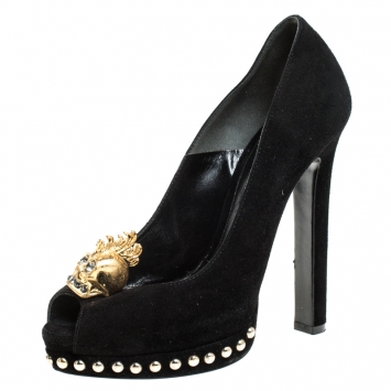 Pre Owned Alexander McQueen Black Suede Skull Peep Toe Platform Pumps Size 35