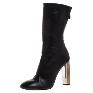 Pre Owned Alexander McQueen Black Leather Sculpted Heel Mid Calf Boots Size 41