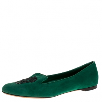 Pre Owned Alexander McQueen Green Suede Sequins Skull Smoking Slippers Size 38