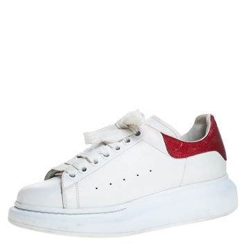 Pre Owned Alexander McQueen White/Red Leather Larry Low Top Sneakers Size 38