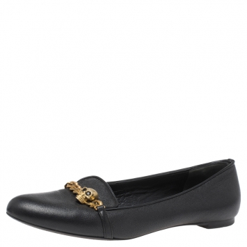 Pre Owned Alexander McQueen Black Leather Chain Skull Embellished Flats Size 39