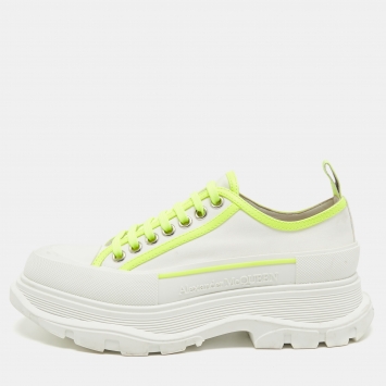 Pre Owned Alexander McQueen White/Neon Green Canvas and Rubber Slick Low Top Sneakers Size 40