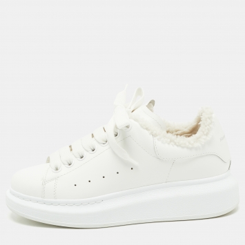 Pre Owned Alexander McQueen White Leather and  Shearling Trimmed Oversized Sneakers Size 36