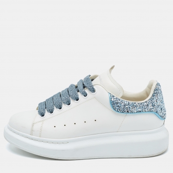 Pre Owned Alexander McQueen White Leather and Glitter Oversized Sneakers Size 38.5