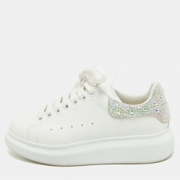 Pre Owned Alexander McQueen White Leather Crystal Embellished Oversized Sneakers Size 37