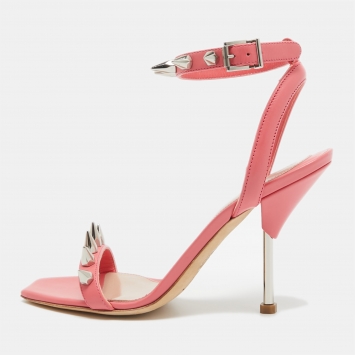 Pre Owned Alexander McQueen Pink Leather Spike Ankle Strap Sandals Size 36.5