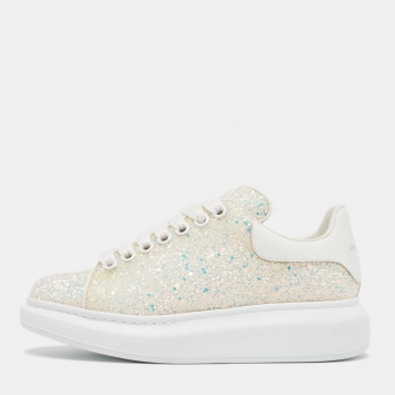 Pre Owned Alexander McQueen White/Silver Glitter and Leather Oversized  Sneakers Size 37.5