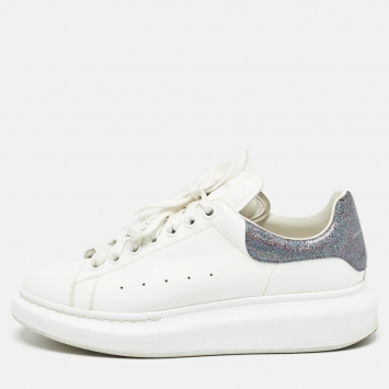 Pre Owned Alexander McQueen White/Silver Glitter and  Leather Oversized  Sneakers Size 40