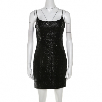 Pre Owned Alexander Wang Metallic Black Cotton Blend Tweed Chain Strap Detail Mini Dress S
