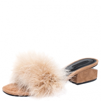 Pre Owned Alexander Wang Beige Suede Feather Embellished Lou Slides Size 39