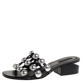 Pre Owned Alexander Wang Black Leather Lou Tilt Studded Open Toe Sandals Size 37.5