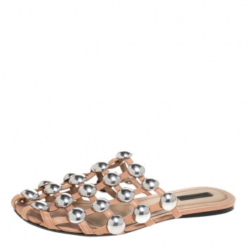 Pre Owned Alexander Wang Beige Suede Amelia Studded Flat Slides Size 39