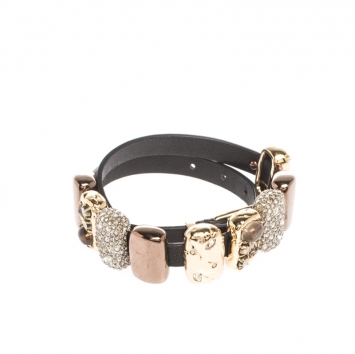 Pre Owned Alexis Bittar Crystal Embellished Three Tone Metal Black Leather Bracelet