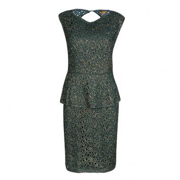 Pre Owned Alice + Olivia Green and Gold Cutwork Lace Shovan Peplum Dress M