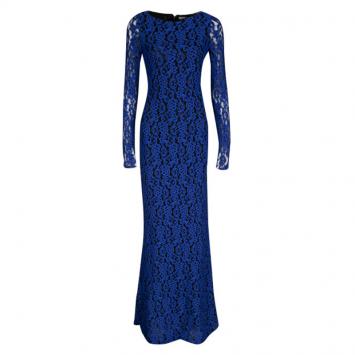 Pre Owned Alice + Olivia Cobalt Blue Lace Long Sleeve Flared Maryanna Maxi Dress S