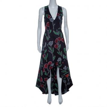 مملوكة مسبقًا Alice+Olivia Black Tulip Printed Cotton High Low Sleeveless Beckie Gown XS