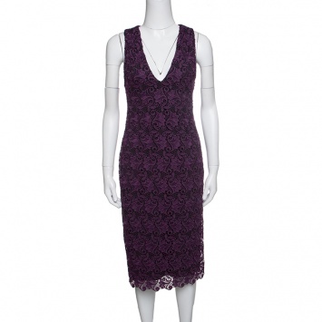 Pre Owned Alice + Olivia Purple Floral Guipure Lace Sleeveless Preslee Dress S