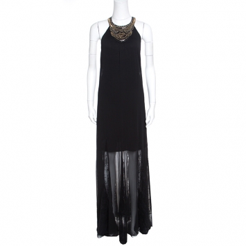 Pre Owned Alice + Olivia Black Chiffon Godet Lace Detail Embellished Lois Maxi Dress M