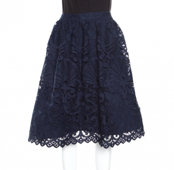 مملوكة مسبقًا Alice + Olivia Sapphire Blue Floral Guipure Lace Gathered Joyce Skirt M