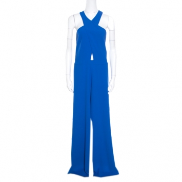 Pre Owned Alice + Olivia Cobalt Blue Cross Front Wide Leg Trinity Jumpsuit L