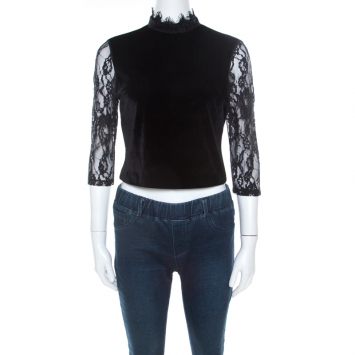 Pre Owned Alice + Olivia Black Velvet and Lace Jenny Top M 