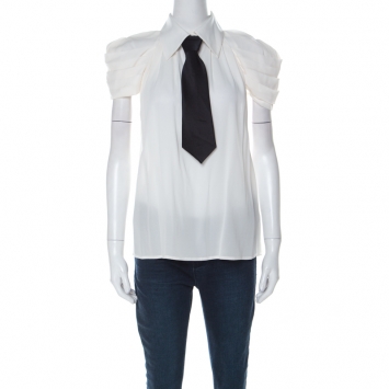Pre Owned Alice + Olivia White Silk Pleated Sleeves Black Neck Tie Shirt L