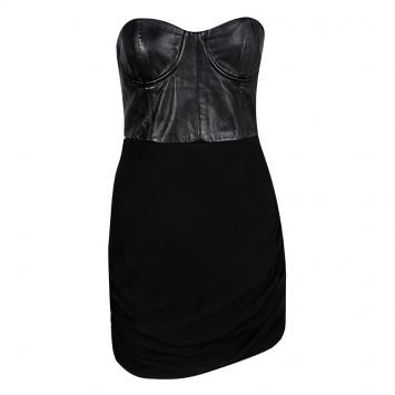 Pre Owned Alice + Olivia Black Leather Detail Bodycon Ruched Strapless Dress M 