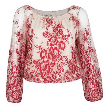 Pre Owned Alice + Olivia Red and Cream Embroidered Lace Long Sleeve Fila Top S
