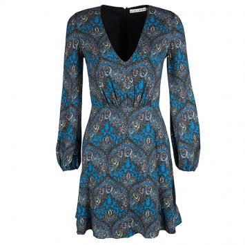 مملوكة مسبقًا Alice + Olivia Blue Gothic Print V-Neck Flared Dress XS