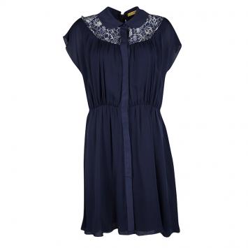 Pre Owned Alice + Olivia Navy Blue Silk Floral Lace Panel Detail Emma Dress L