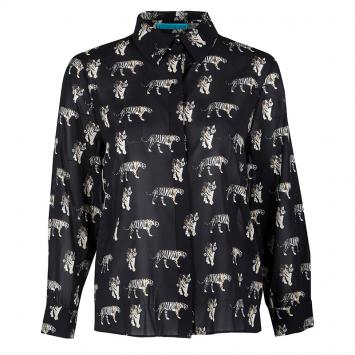 Pre Owned Alice + Olivia Black Tiger Print Sheer Silk Willa Shirt S