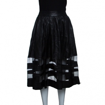 Pre Owned Alice + Olivia Black Leather Mesh Insert Gathered Midi Skirt S