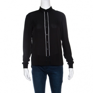 Pre Owned Alice + Olivia Employed Black Silk Ladder Lace Insert Button Front Shirt XS