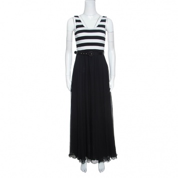 Pre Owned Alice + Olivia Monochrome Striped Knit Bodice Detail Belted Maxi Dress M