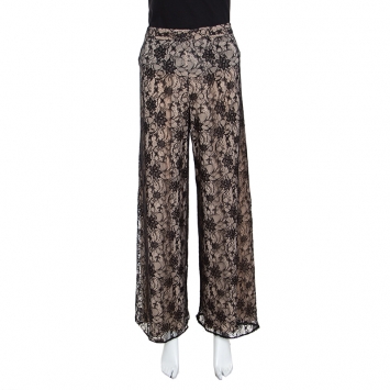 Pre Owned Alice + Olivia Black Lace Overlay High Waisted Wide Leg Trousers S