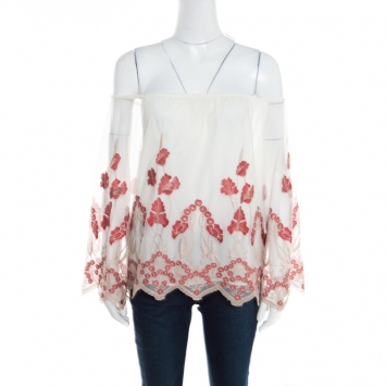 Pre Owned Alice + Olivia White and Red Floral Embroidered Tulle Off Shoulder Priya Top S