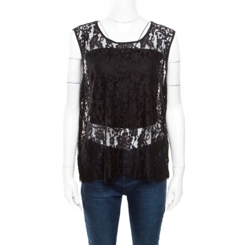 Pre Owned Alice + Olivia Black Floral Lace Scalloped Trim Detail Sleeveless Top L