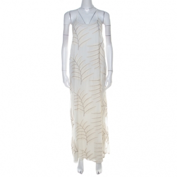 Pre Owned Alice + Olivia Off White Embroidered Silk Kelly Halter Maxi Dress M