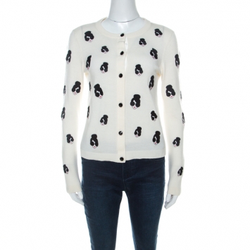 Pre Owned Alice + Olivia Cream Stretch Wool Stacey Emoji Applique Button Front Cardigan M