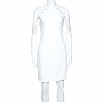 Pre Owned Alice + Olivia Off White Crepe Pearl Detail Kristiana Dress S