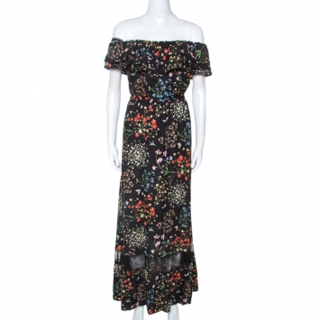 مملوكة مسبقًا Alice + Olivia Black Floral Print Stretch Off Shoulder Maxi Dress M
