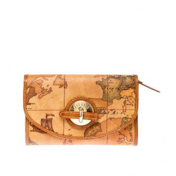 Pre Owned Alviero Martini 1A Classe Tan Geo Map Coated Canvas Flap Compact Wallet
