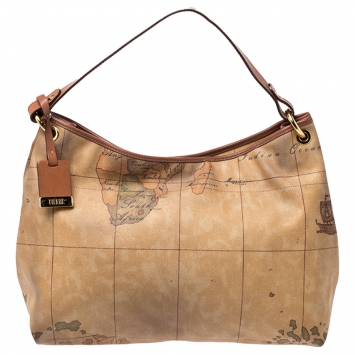 Pre Owned Alviero Martini 1a Classe Brown Geo Print Coated Canvas Hobo