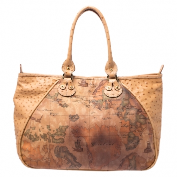Pre Owned Alviero Martini 1A Classe Tan Coated Canvas and Embossed Ostrich Tote