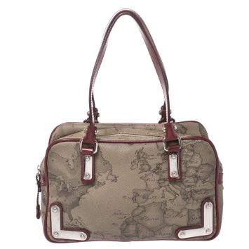 Pre Owned Alviero Martini 1A Classe Grey/Red Coated Canvas and Patent Leather Satchel