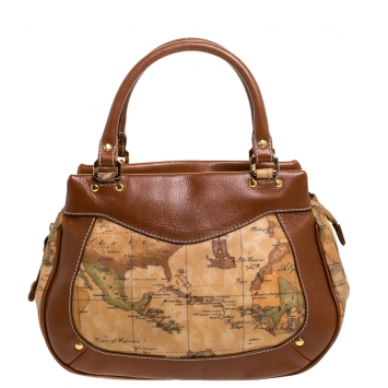 Pre Owned Alviero Martini 1A Classe Tan Geo Print Coated Canvas and Leather Satchel