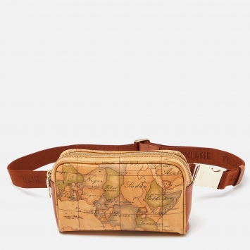 Pre Owned Alviero Martini 1A Classe Brown Geo Print Coated Canvas and Leather Belt Bag
