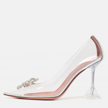 Pre Owned Amina Muaddi Transparent/Silver Leather and PVC Rosie Pumps Size 37