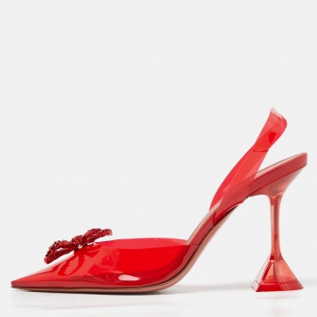 Pre Owned Amina Muaddi Red PVC Rosie Crystal Embellished Bow Slingback Pumps Size 38